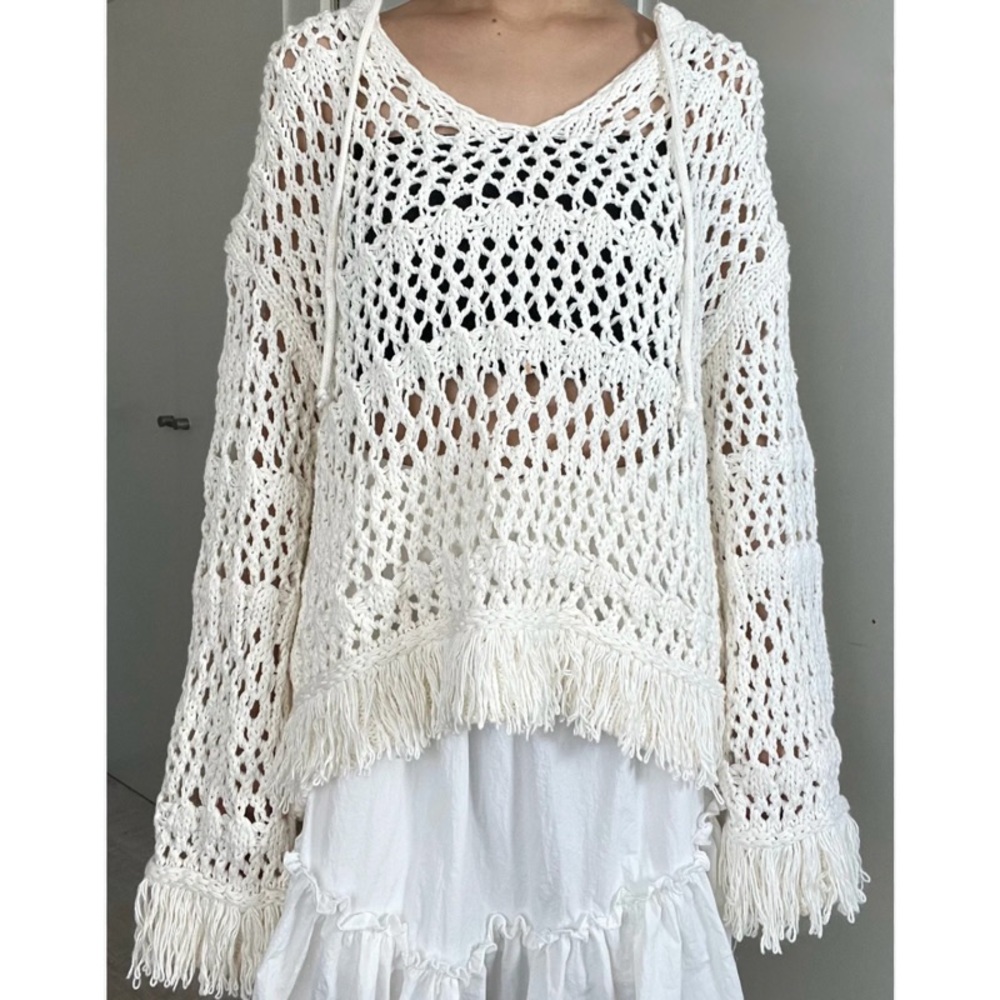 Zara Open Knit Sweater With Fringing Ecru White Size Small